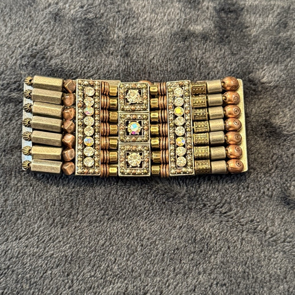 Vintage Brass Bead Wide Cuff Bangle Bracelet Rhinestone Flex‎ Stretch